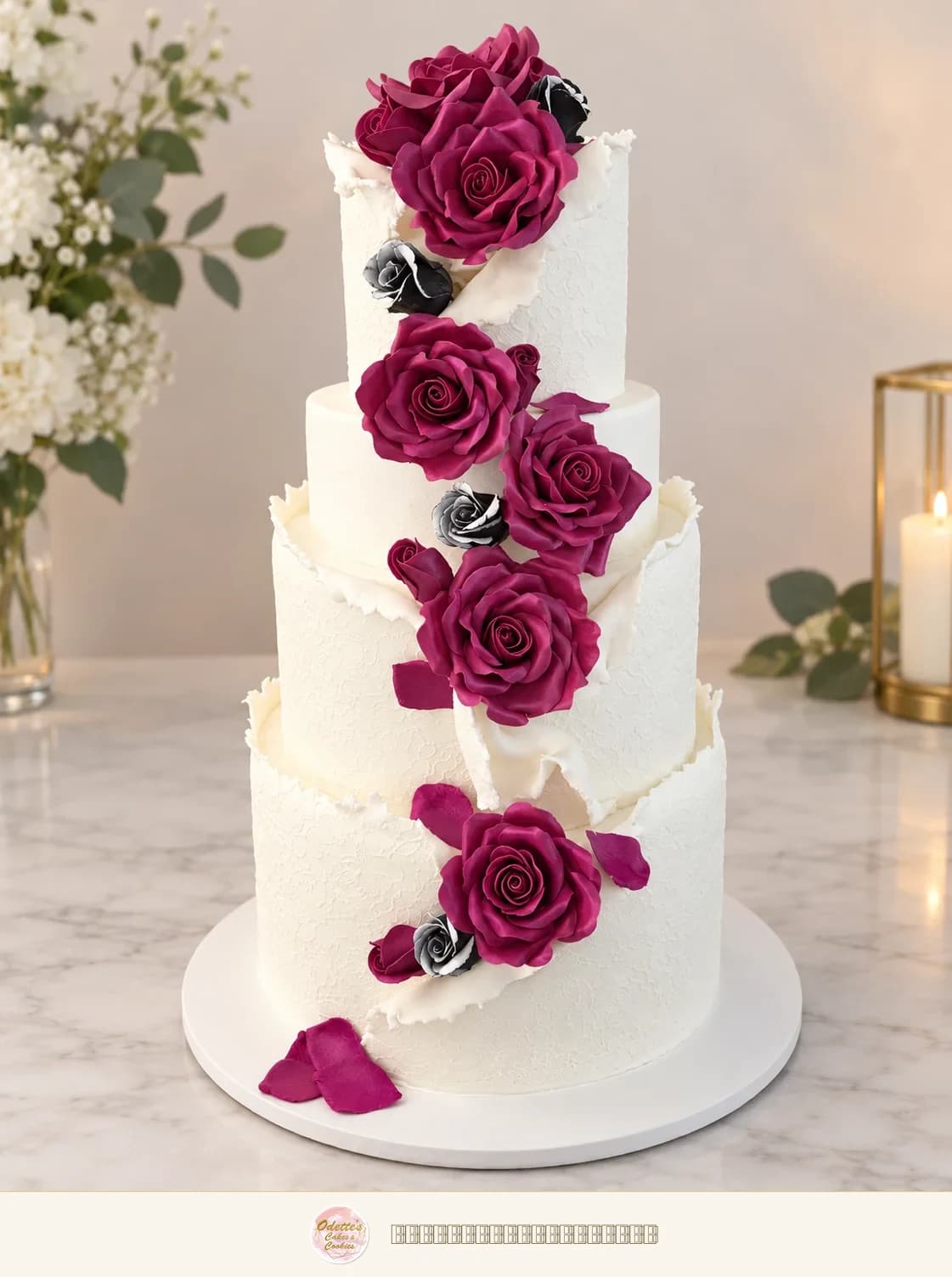 Four tiered with fondant wrap and featuring hand crafted sugar roses