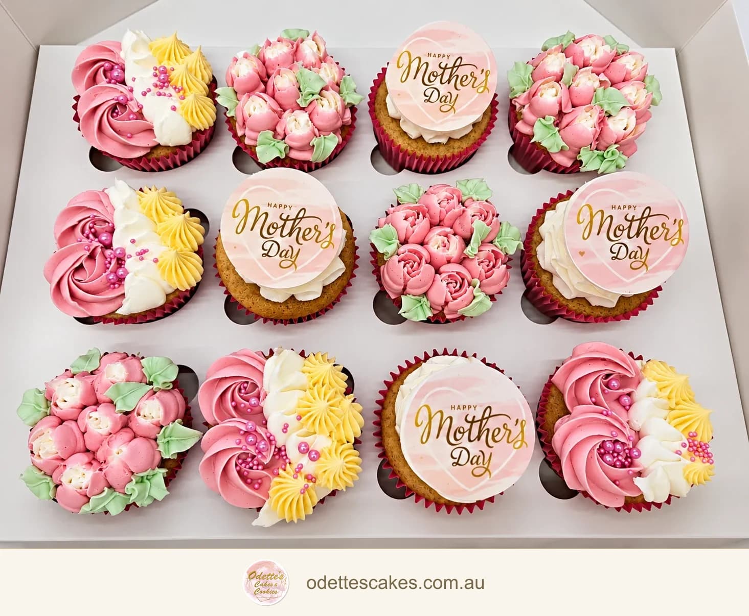 Mother’s Day cupcake gift box with pink buttercream flowers and white and yellow piping, handmade in Jindalee, Perth