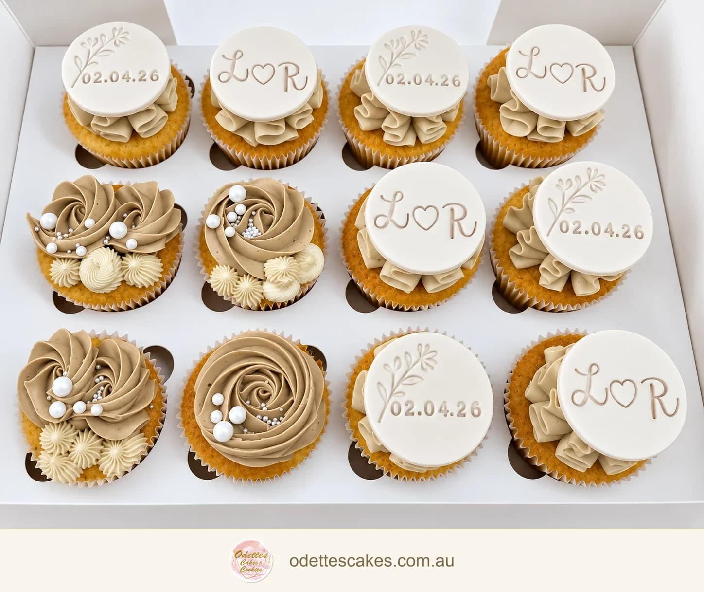 Wedding cupcakes with ivory and caramel buttercream swirls, pearl decorations and personalised L and R monogram toppers, Perth