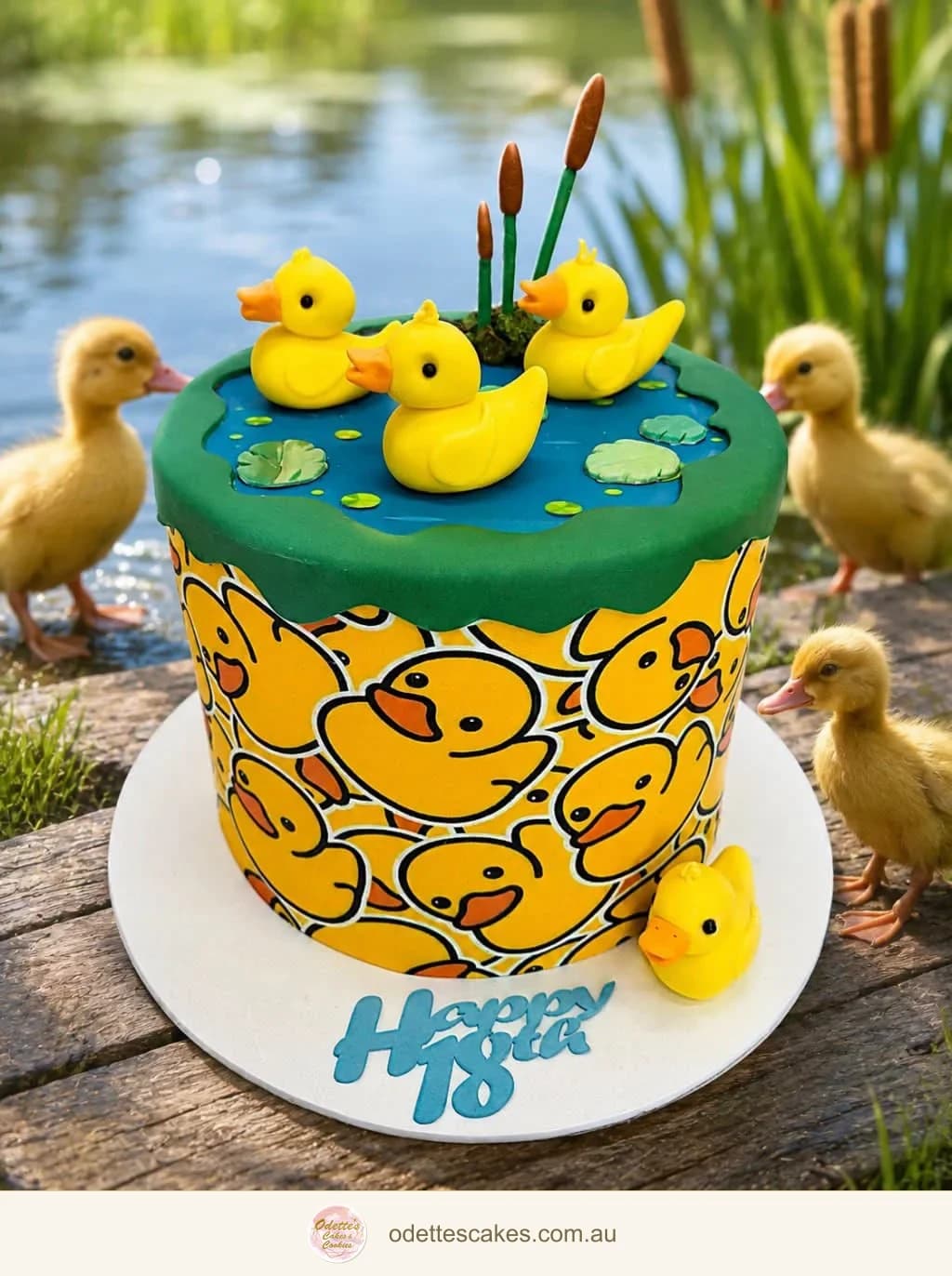 Duck-themed 18th birthday cake with yellow ducks on a blue pond, green lily pads, reeds and cartoon duck sides, Jindalee, Perth
