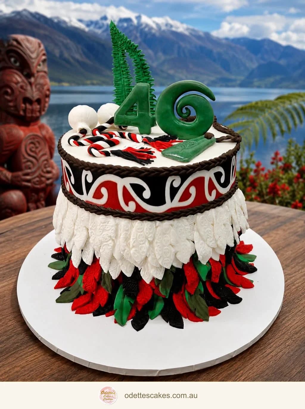 Birthday cake with red, black and white scroll patterns, layered feather decorations, green number toppers and fern shapes, Jindalee, Perth