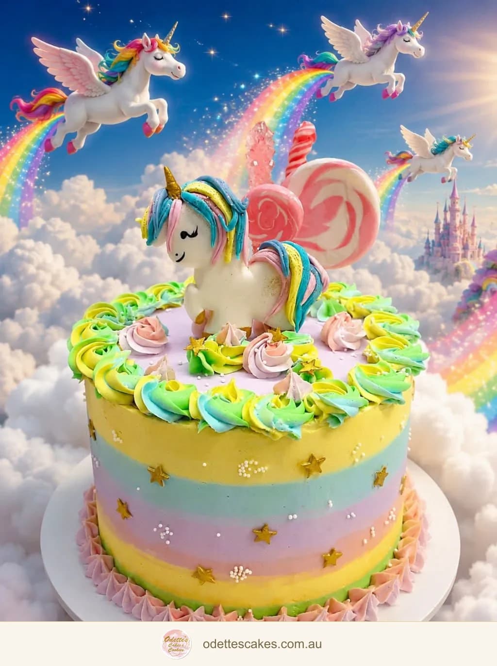 Pastel striped birthday cake with a unicorn topper, pink candy decorations, colourful piped swirls and gold stars, Jindalee, Perth